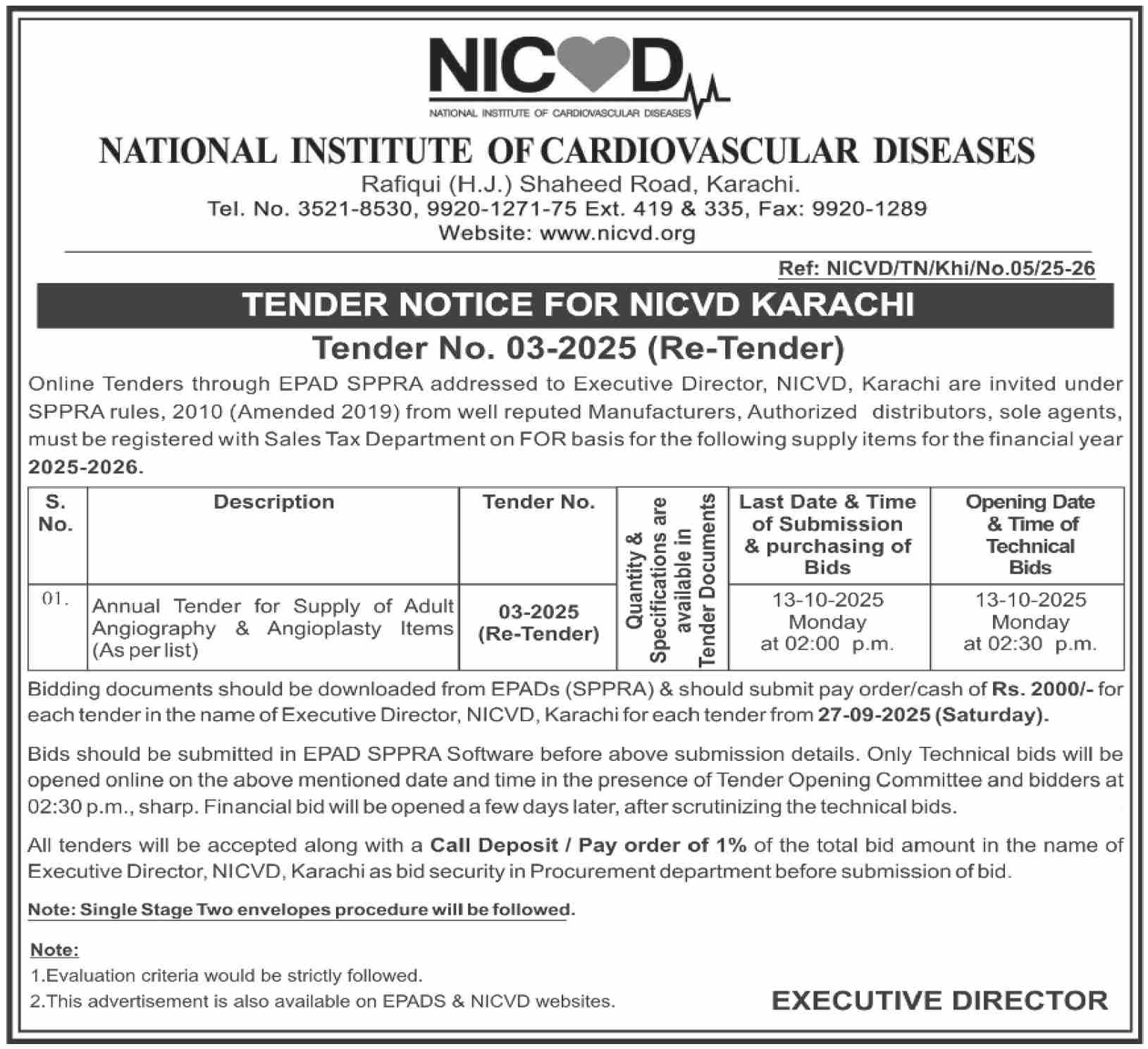 National Institute of Cardiovascular Diseases Karachi Tender Notice